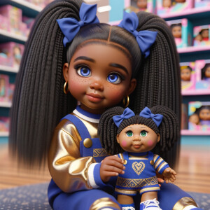 Create a 3-D image of an african-American little girl inside of a medium size, toy store. The little girl has thick long, ponytails and huge blue eyes. She has on a gold and blue jumpsuit with matching bows, She is playing with her favorite african-American cabbage patch doll, the doll has deep, dimples, and freckles and looks just like her