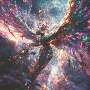 A towering, shimmering alien creature with enormous wings, and g...