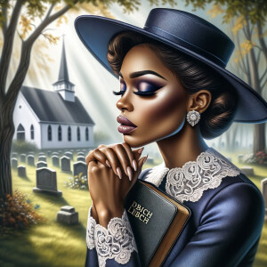 Render an airbrush oil painting of an African American woman with flawless makeup in a
contemplative pose, holding a Bible close to her heart, dressed in an elegant Sunday Best
outfit with a distinctive Church Hat. The background features a peaceful church garden,
with light filtering through the trees, highlighting her spiritual connection and the personal
moment of reflection. The artwork should capture the tranquility of the scene, the beauty
of her attire, and the depth of her contemplation, reflecting a serene and spiritually