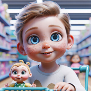 Create a 3-D realistic image of a little girl with large blue eyes in the toy store. She is playing with her favorite cabbage patch  doll the doll has really large dimples and freckles