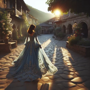 A young woman wearing a finely detailed blue dress, walking along a cobblestone path in a quiet village. Her dress flows gracefully as she moves, and the scene is illuminated by the golden hues of a setting sun, casting long shadows across the quaint, flower-filled square