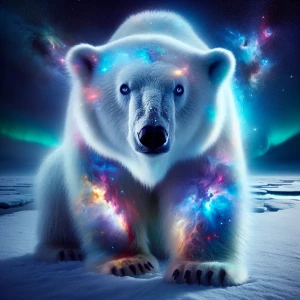polar bear with galaxy fur and galaxy color eyes, facing the cam...