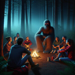 A humanoid Sasquatch with glowing red eyes observing a group of...