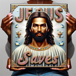 A 3D realistic artwork featuring the phrase 'Jesus Saves' adorne...