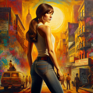 Athletic Thin skinny Attractive, Asian teenage girl, long brown hair and bangs, wearing tight skinny jeans and a halter top paint marks on her clothing, heroic pose Asian graffiti background, backside view