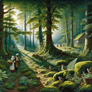 A couple walking through a dense forest, dappled sunlight filter...