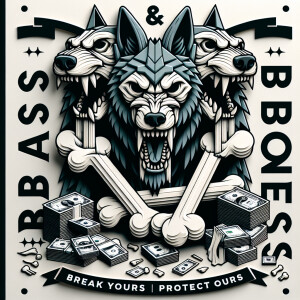 very detailed logo showing vicious three headed wolf eating a la...