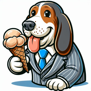 Create a picture of an old, gray Bassett hound dog wearing a sui...