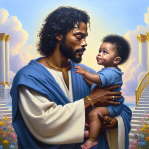 Classical oil painting style depicting an African-American Jesus...
