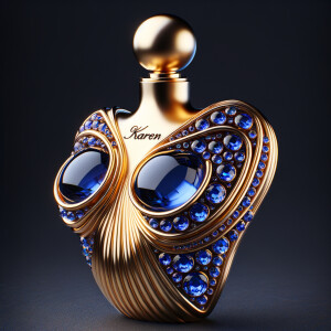 Create a 3-D realistic gold and  blue, colorful jewels perfume bottle
In the shape of a women’s body with the name Karen