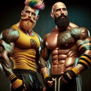 Two muscular men pose closely together. One man has a spiky, col...