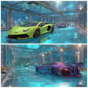 A breathtaking, high-end underwater garage bathed in shimmering...