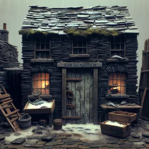 A squat, grimy building with dark, salt-stained stone walls and...