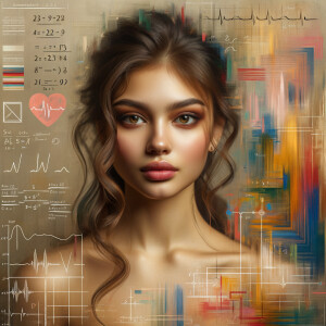 Abstract, minimalist, painting, with pencil line, paint stroke, gestures, colorful marks, mathematical equations, electrical cardiogram, printouts complex math formulas, dna asian teen girl