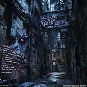 "Craft an image titled 'Gothic Graffiti NIGHTMARE,' where a hyper-realistic gothic landscape dominates a dystopian urban alley. The scene is a fusion of dramatic and surreal elements, with sprawling graffiti that twists and warps across the walls in morphing, monstrous forms—each stroke alive with a psycho horror vibe. Amidst this cinematic chaos, hyper-realistic details pull viewers into the nightmare: eyes peer from the shadows, and grotesque faces blend into the dark brick, their expressions a haunting fusion of dread and despair. Shadows deepen the drama, creating an atmosphere thick with tension and unease, embodying a world where reality melds with nightmarish imagination."