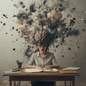 Create a photorealistic image of a woman sitting at a desk, with...