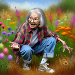 Whimsical grandma grey hair and glasses in jeans and sneakers an...