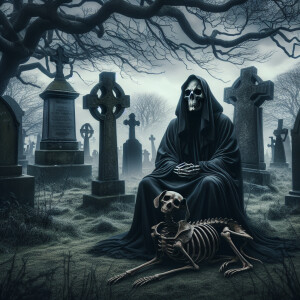 Create a realistic photo-style image of the Grim Reaper seated s...