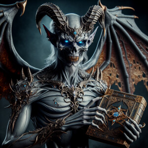 a highly-detailed  macabre demonic devil with vibrant silver ski...