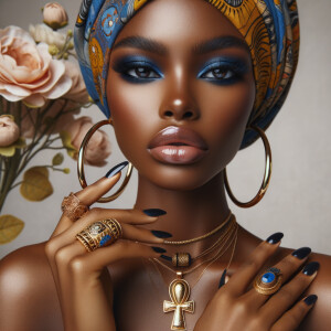 Create an image of an african-American, graceful woman , striking blue eyeshadow, and full lips. She wears large, golden hoop earrings and multiple necklaces, one with a prominent ankh pendant. Her hair is hidden beneath a vibrant, patterned head wrap in shades of blue, yellow, and orange. Her nails are painted dark blue, complementing her eyeshadow, and her fingers are adorned with a large, ornate gold ring. She poses elegantly against a background filled with soft pastel flowers, highlight her beauty