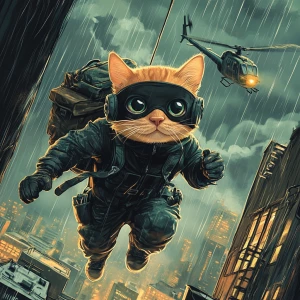 A wide-eyed ginger cat wearing a black tactical balaclava (or ma...