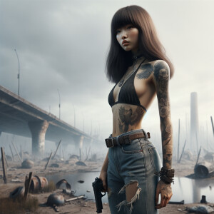 Thin Asian teen girl wearing tight jeans and a halter top Long brown hair and bangs, tattoos on her arms, athletic heroic pose