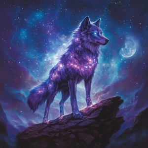 A majestic wolf standing on a rocky cliff, its fur shimmering wi...