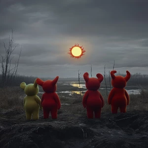 Generate a hyper-realistic image of the Teletubbies as felt figu...