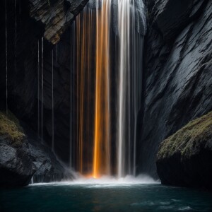 Visualize a floating waterfall crafted from delicate slate stone...