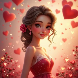 A beautifully realistic Valentine's Day card featuring a charming young woman with a warm, loving expression. She has soft, glowing skin, sparkling eyes, and a gentle smile. She wears a romantic red or pink dress adorned with delicate lace or floral patterns. Her hair is styled elegantly, with soft curls or a braided updo, complemented by subtle accessories like heart-shaped earrings or a rose tucked behind her ear. The background is dreamy and festive, decorated with floating hearts, glowing fairy lights, and a soft bokeh effect in shades of pink, red, and gold. The card design includes elegant calligraphy with a heartfelt Valentine's Day message, adding to the warm and affectionate atmosphere.