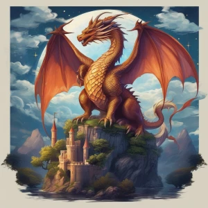 A majestic dragon perched atop a castle, surrounded by swirling clouds and a distant, glowing moon."