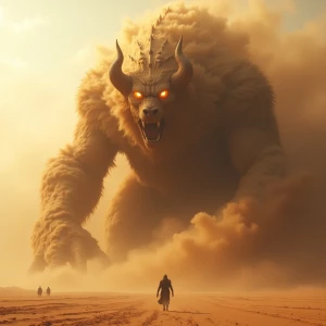 A massive sandstorm twisting into the form of a mythical desert...