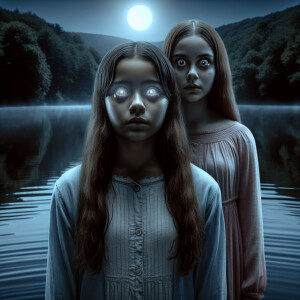 Two frightened girls stand with their backs to the lake at night