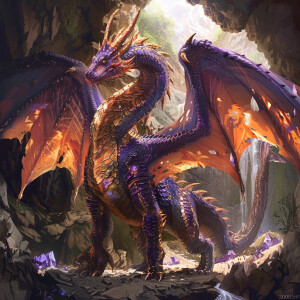 A majestic dragon with purple skin  and  orange metallic scales...