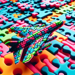 Generate an image of a jet made from different color neon puzzle...