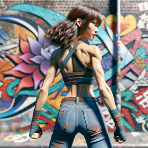 Athletic Thin skinny Attractive, Asian teenage girl, long brown hair and bangs, wearing tight skinny jeans and a halter top paint marks on her clothing, heroic pose Asian graffiti background, backside view