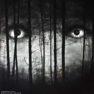 "Haunted forest, ghostly eyes staring."