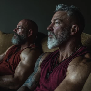 Two muscular bodybuilders with gray hair and beards are depicted...