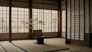 A peaceful Japanese zen aesthetic wall clock, soft shadows and n...