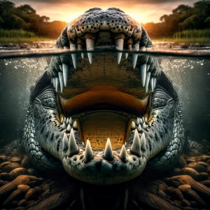 Ultra-realistic, dramatic frontal view of a massive crocodile with its jaws wide open, revealing rows of razor-sharp teeth. The camera is half-submerged, perfectly splitting the image—above the waterline, the crocodile’s intense, piercing eyes stare directly ahead, with water droplets on its rough, scaly skin. Below the waterline, its powerful open mouth is fully visible, showing sharp teeth and a dark throat, with tiny air bubbles escaping. The waterline is sharply defined, creating a split view of the murky underwater world and the bright, natural riverbank scenery above. Sunlight refracts through the water, casting a cinematic glow. Highly detailed, National Geographic photography style, 8K resolution, hyper-realistic textures, dramatic lighting, intense and suspenseful atmosphere."