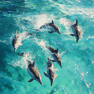 A pod of dolphins leaping out of turquoise blue water, creating...