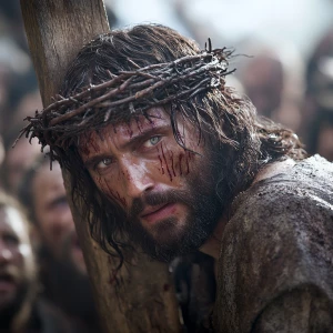 A close-up, gritty cinematic shot of Jesus's face, etched with p...