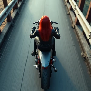 top down view of a bridge a redhead woman riding a sleek motorbi...