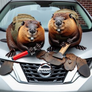 Милые бобры сидят и грызут автомобиль ниссан с дилдо  в лапах и...