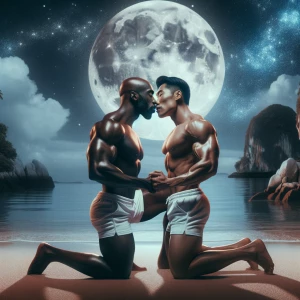 Two muscular bodybuilders, shirtless and wearing white swim trun...