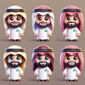 A saudi mascot wearing traditional dress cartoonic 3d