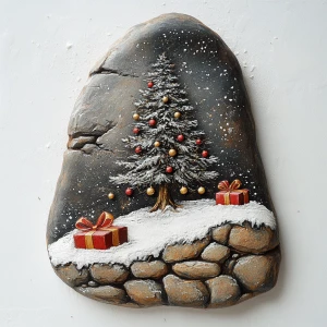New Year's stone with a tree and gifts in carton style