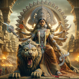 portrait of angry looking goddess durga, sitting on a gold crown and carrying a weak mahishasur on her lap. She is wearing diamond armor, a huge diamond crown, red saree, abundant diamond jewelry, covered in blood. The scene is set in ancient India. The image is 8K resolution, cinematic, ultra detailed face and epic.