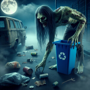 A zombie putting trash in a recycle bin