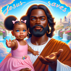 Create a 3D realistic artwork featuring the phrase 'Jesus Saves'...
